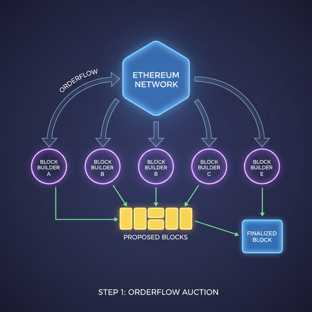 Ethereum network diagram with orderflow arrows splitting to multiple block builders, glowing nodes