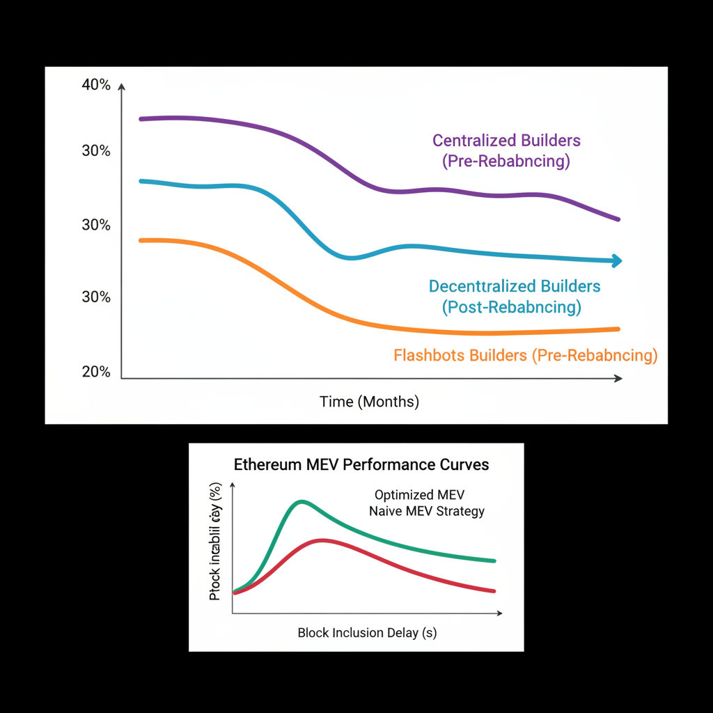 adjustment graph showing rebalanced builder shares over time, Ethereum MEV performance curves