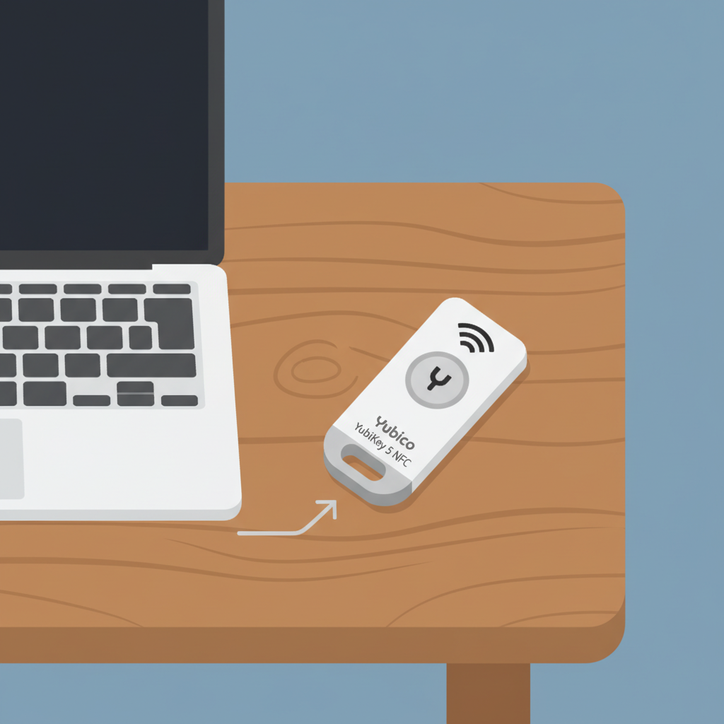 YubiKey 5 NFC security key closeup on wooden table with laptop