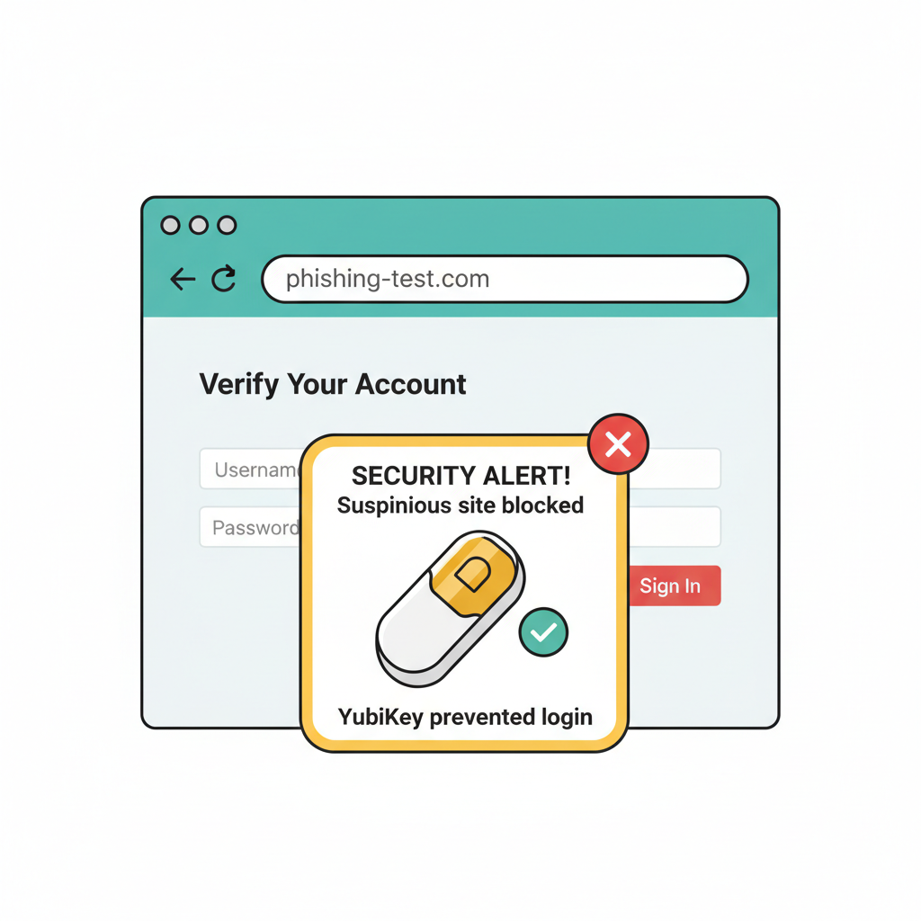Browser with phishing test site and YubiKey blocking popup