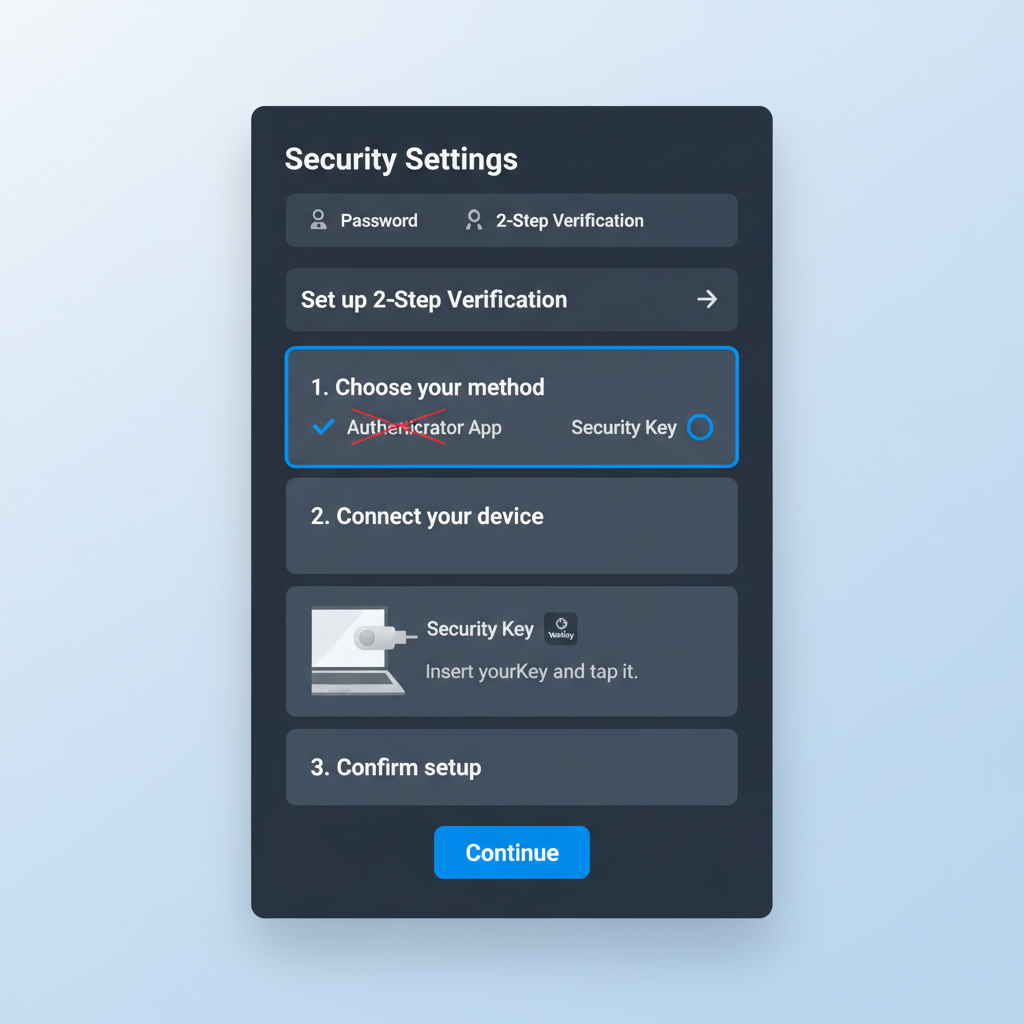 Coinbase security settings page with YubiKey 2FA setup screen