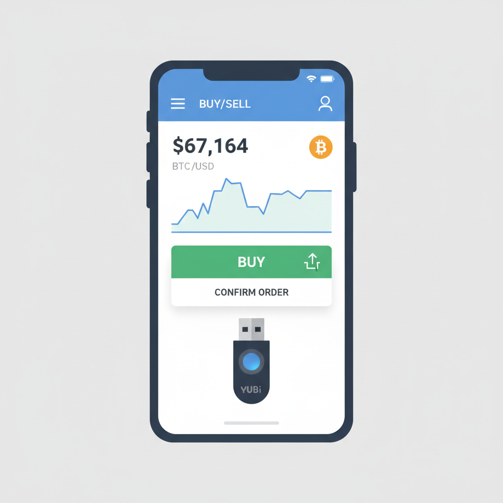 Chart of BTC at $67,164 with buy order on exchange app and YubiKey