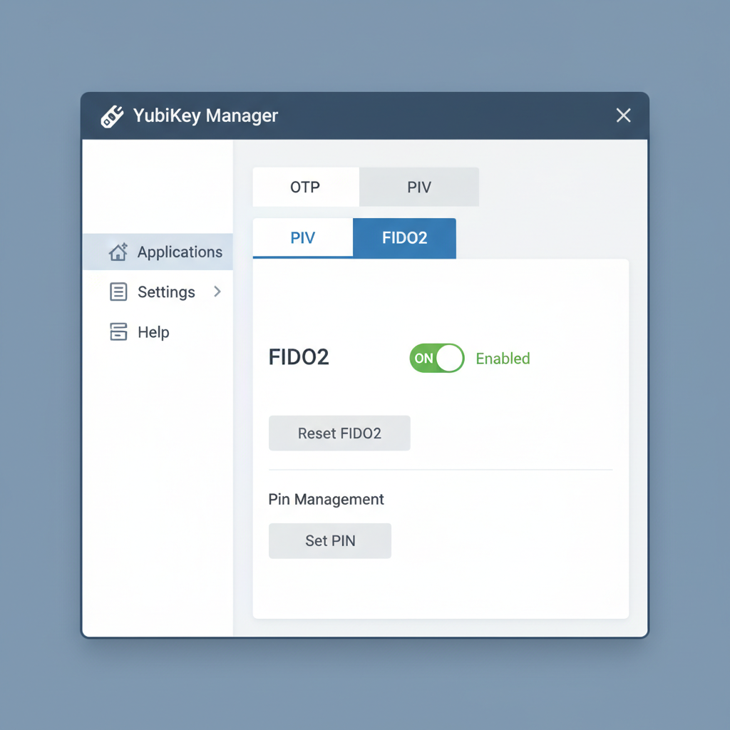 Screenshot of YubiKey Manager app interface showing FIDO2 enabled