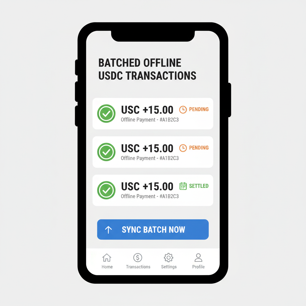 vendor smartphone interface listing batched offline USDC transactions