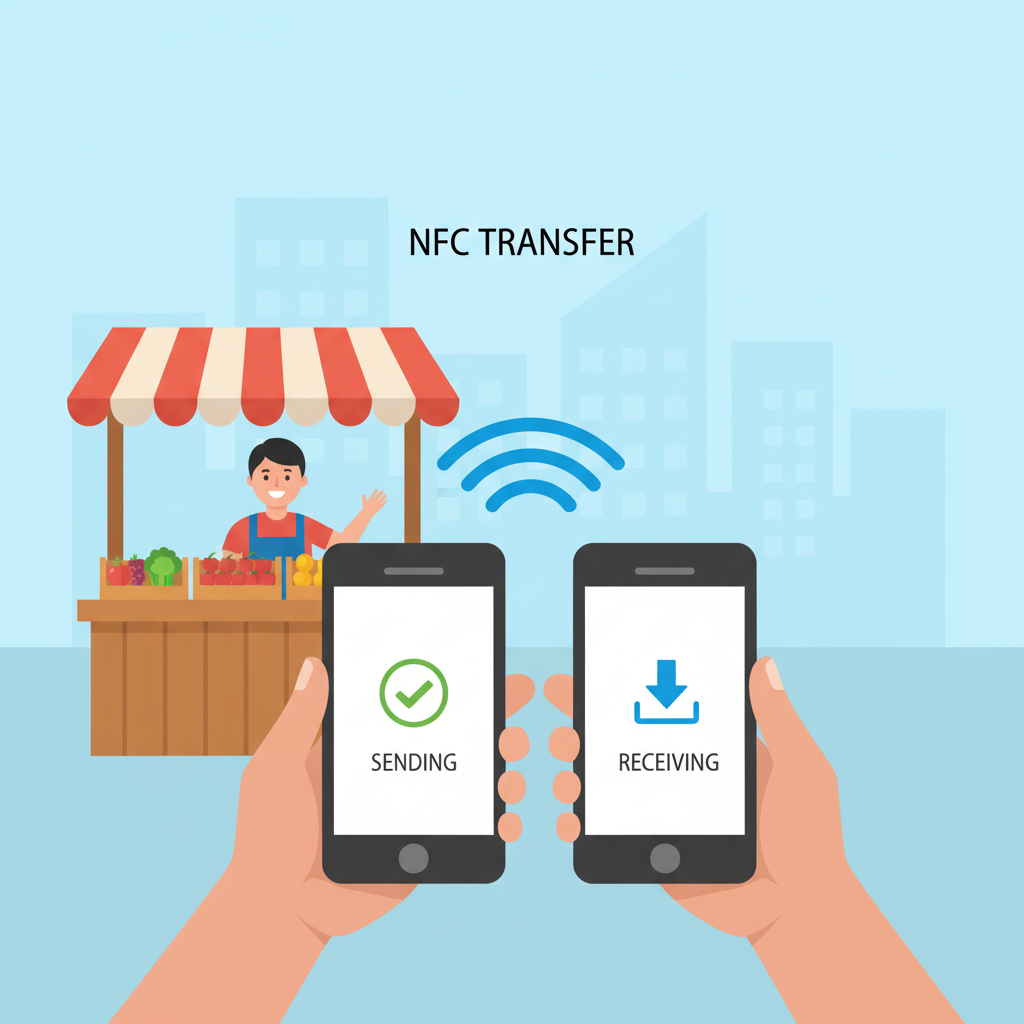 two smartphones exchanging data via NFC at vendor stall
