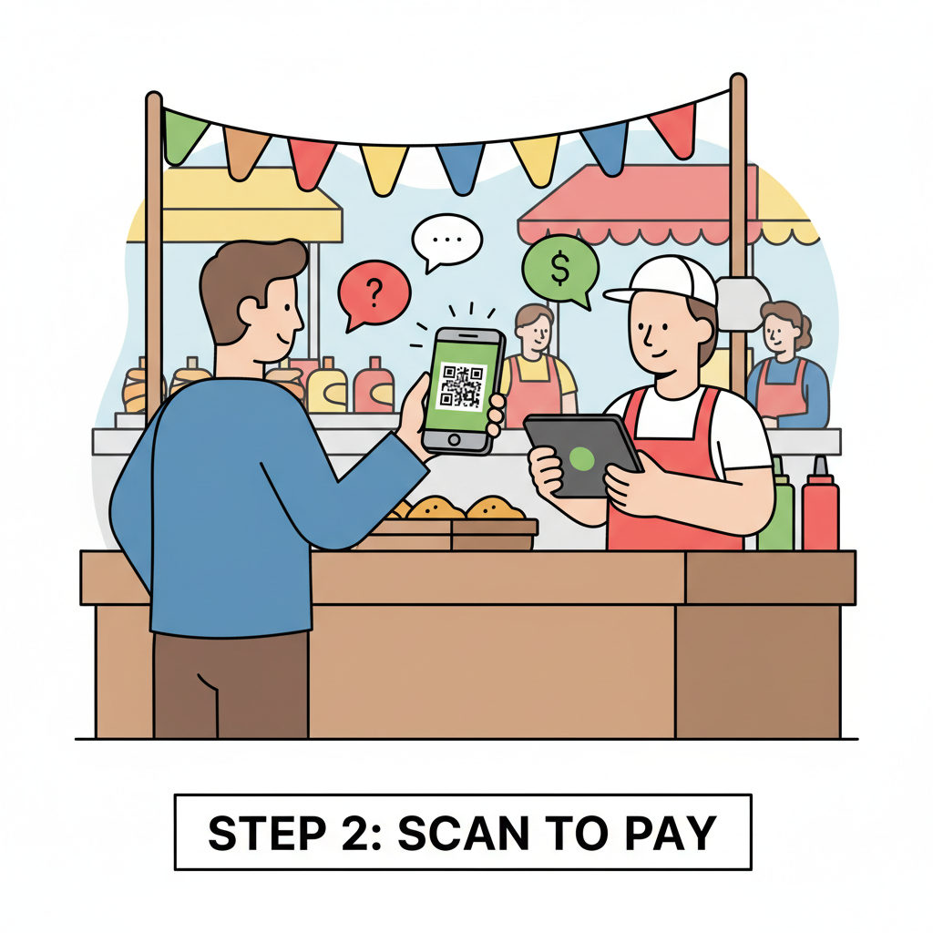 customer scanning QR code on phone at busy street vendor stall