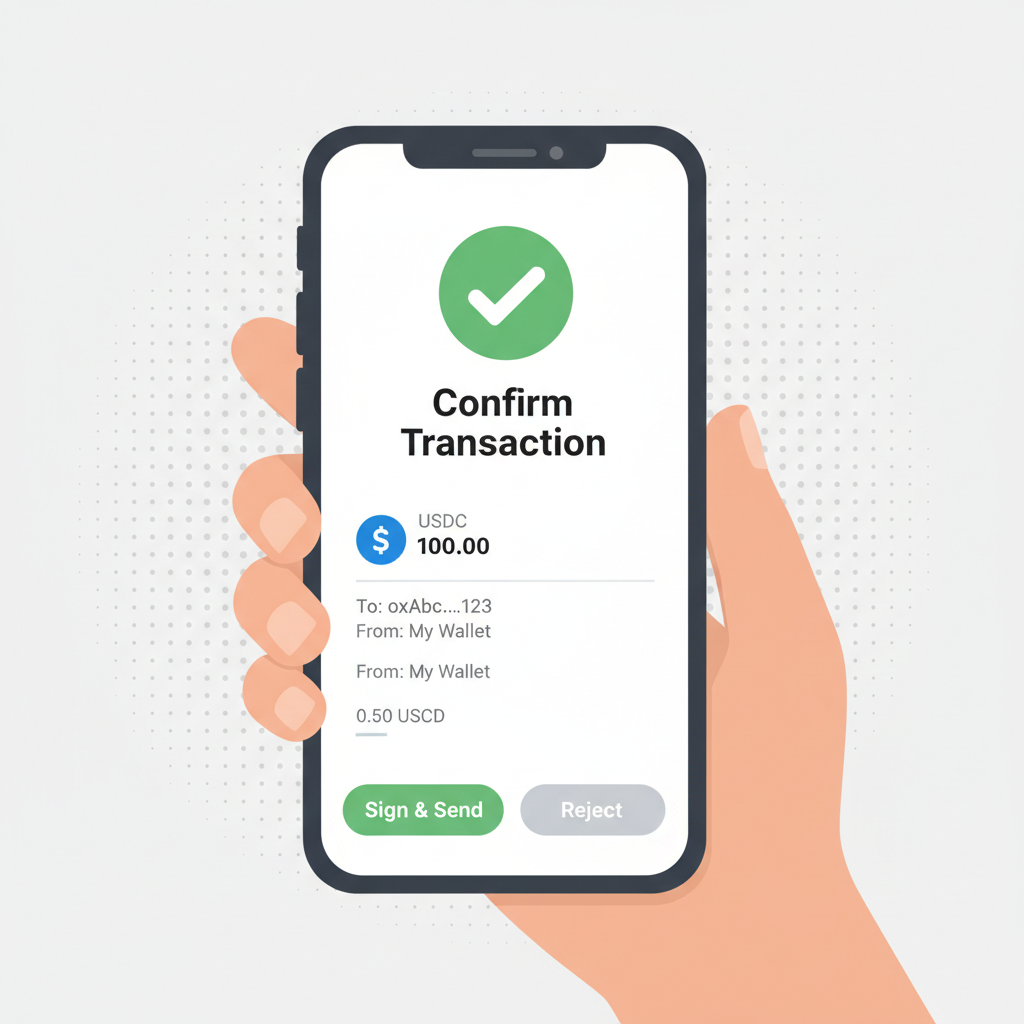mobile wallet app screen showing USDC transaction signing confirmation