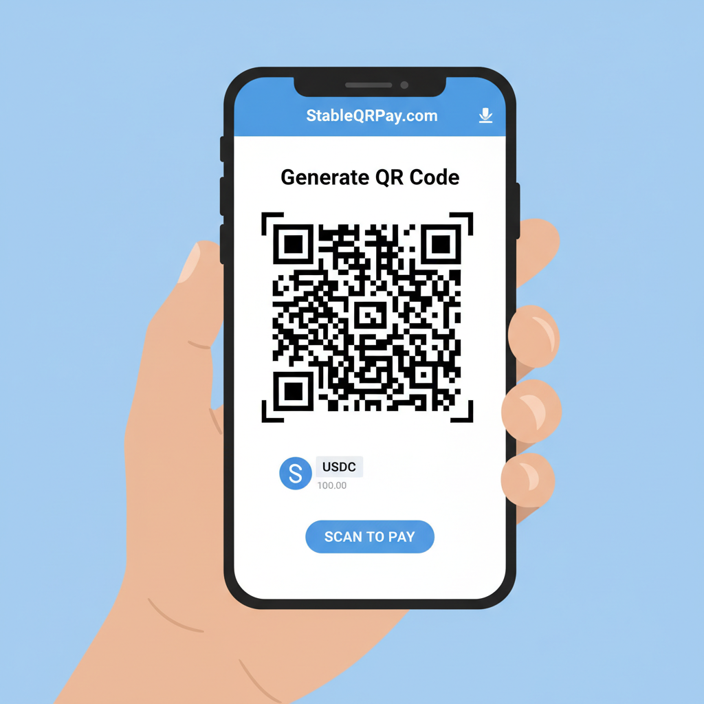 smartphone displaying StableQRPay.com generating Solana USDC QR code
