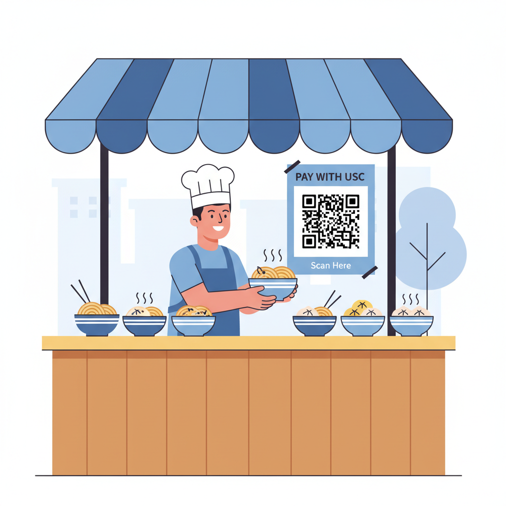 street vendor stall with large printed USDC QR code poster