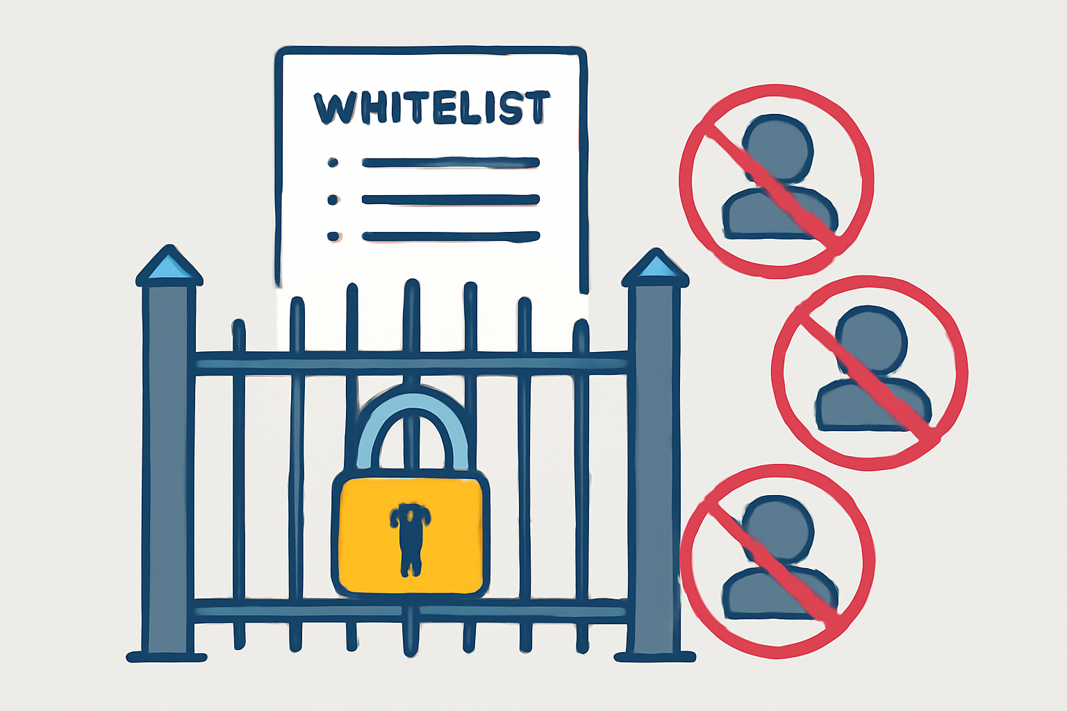 A secure digital gate with a whitelist, padlock, and user icons representing restricted access.