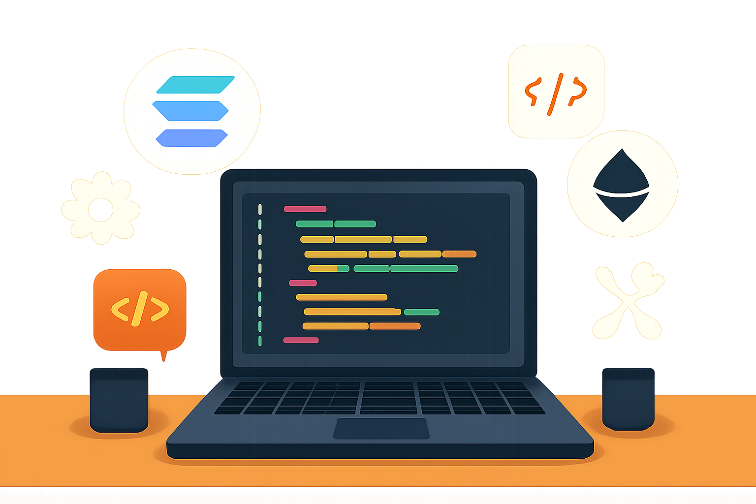 A developer's desk with a laptop displaying code, surrounded by Solana and Ethereum logos, and tool icons.