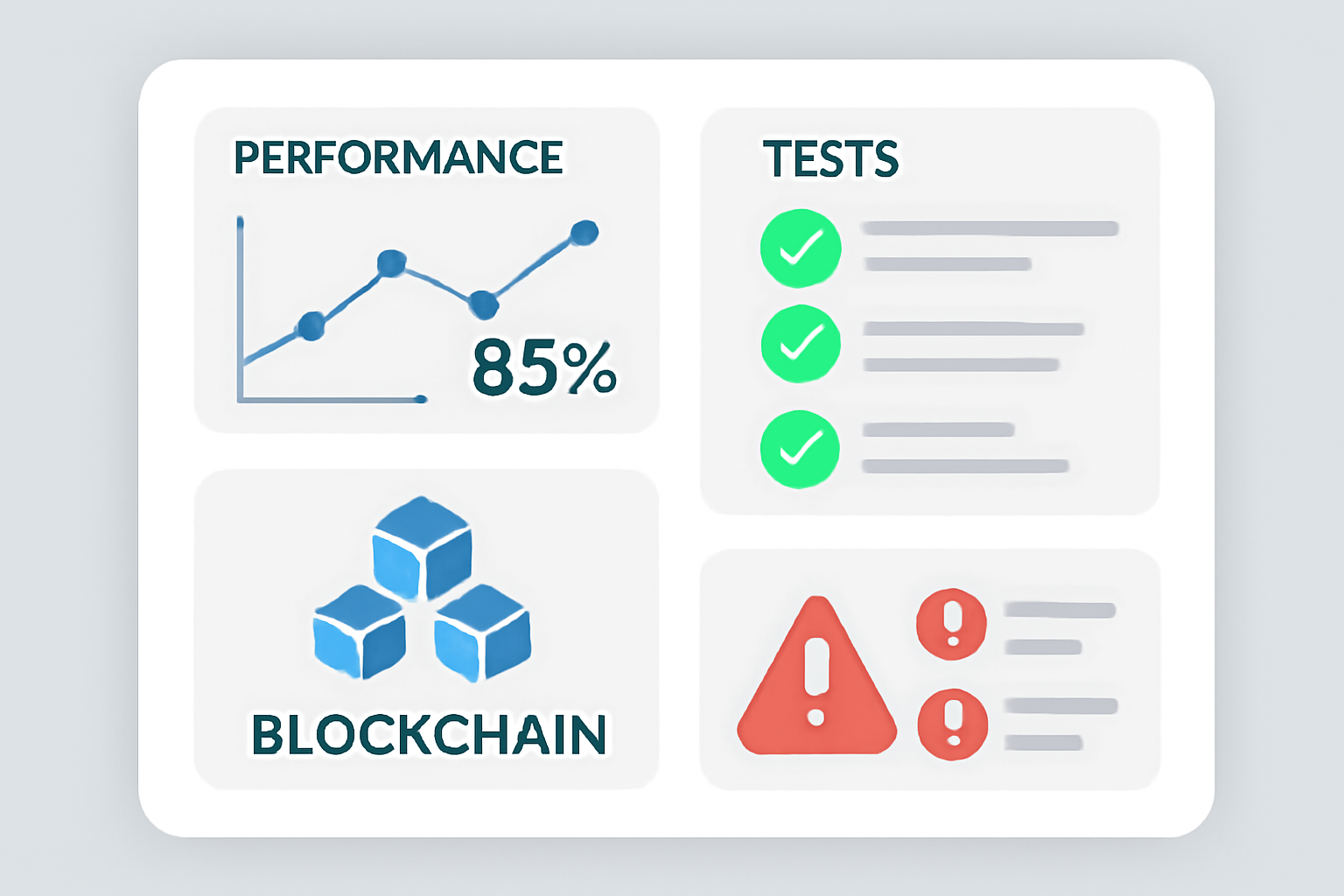 A dashboard displaying performance metrics, test checkmarks, and alert notifications for a blockchain application.