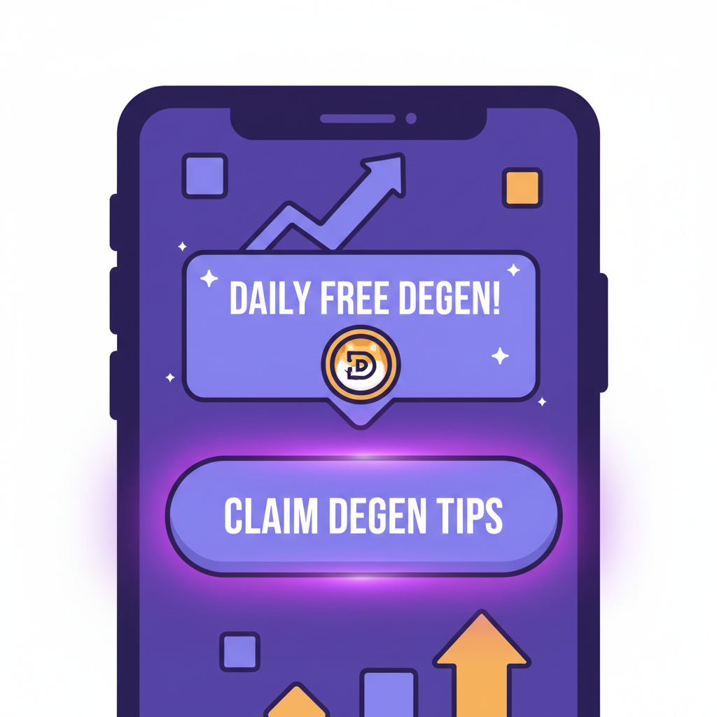 Degen Tips app claim button glowing, daily free DEGEN popup, meme coin vibes, vibrant purple tones