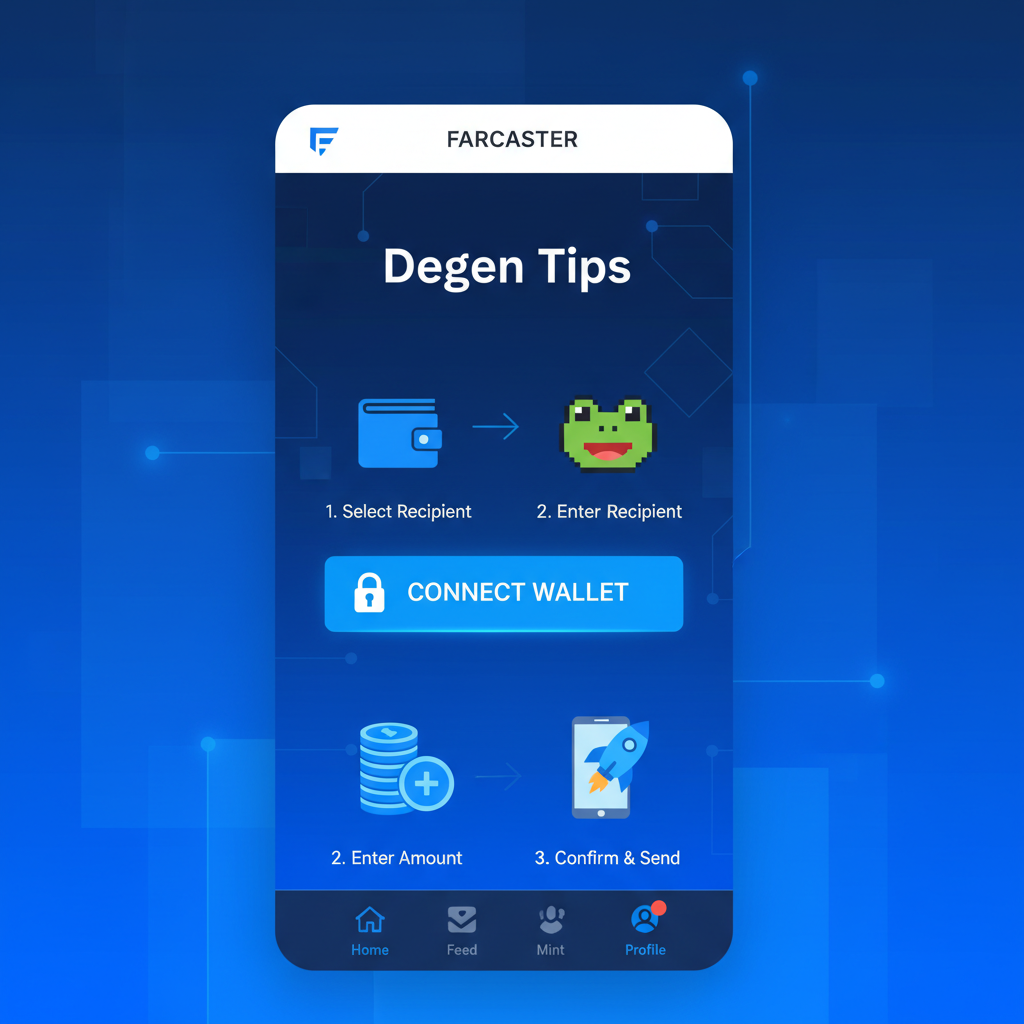 Farcaster app screen showing Degen Tips mini-app with wallet connect button, neon blue Base chain theme, futuristic UI