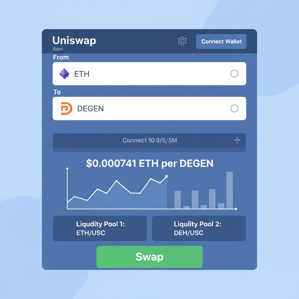 Uniswap interface on Base swapping ETH to DEGEN, price chart at $0.000741, liquidity pools, green swap button