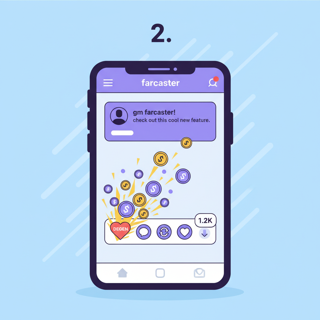 Farcaster cast with DEGEN tip interface, like button exploding into tips, social media feed style, energetic animation