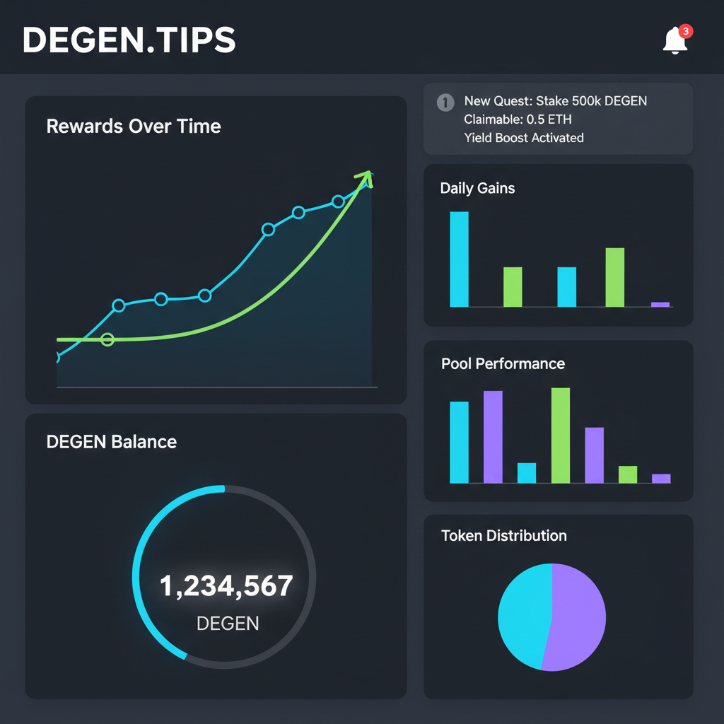 Degen.tips dashboard with rewards graph, DEGEN balance display, charts and notifications, dark mode crypto UI