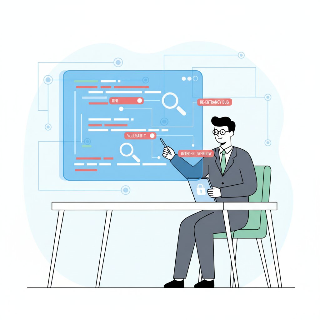 security auditor examining blockchain smart contract code on holographic screen