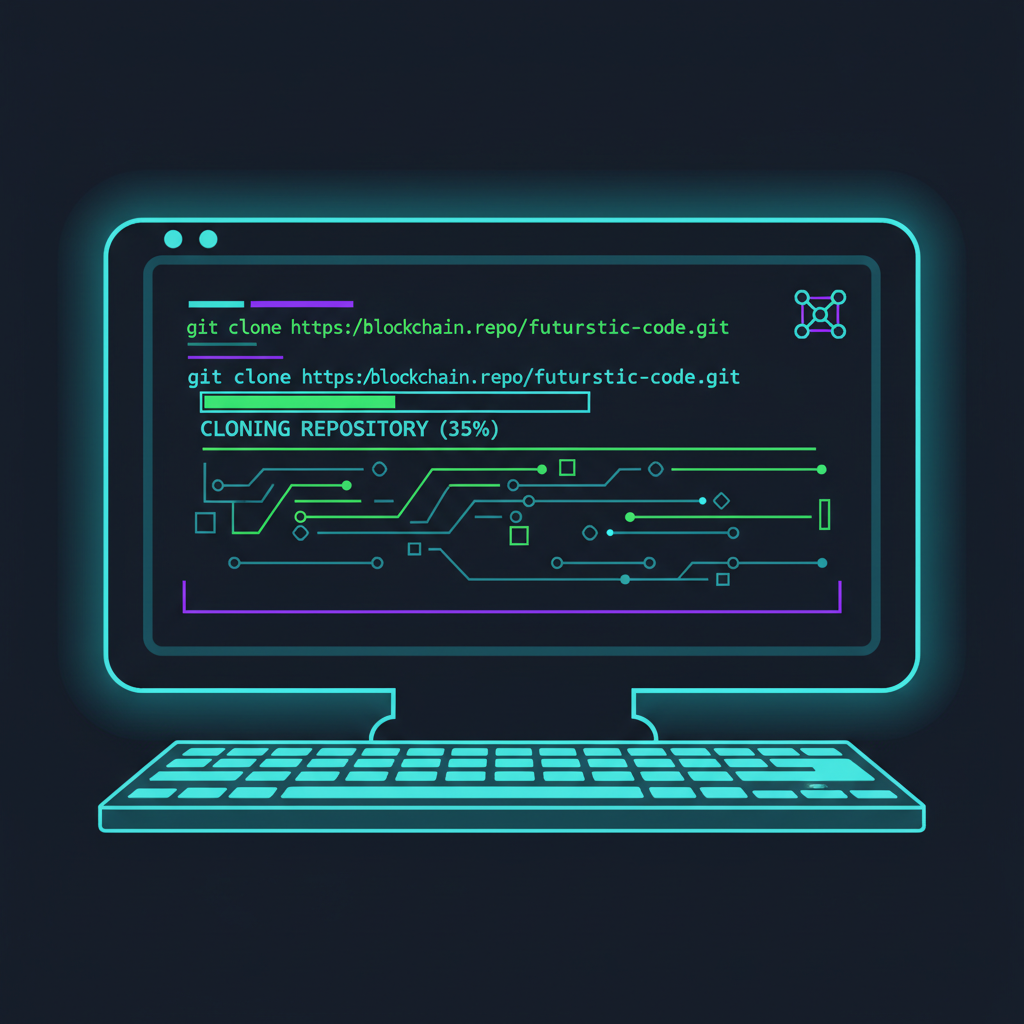 developer terminal cloning git repo blockchain code glowing futuristic