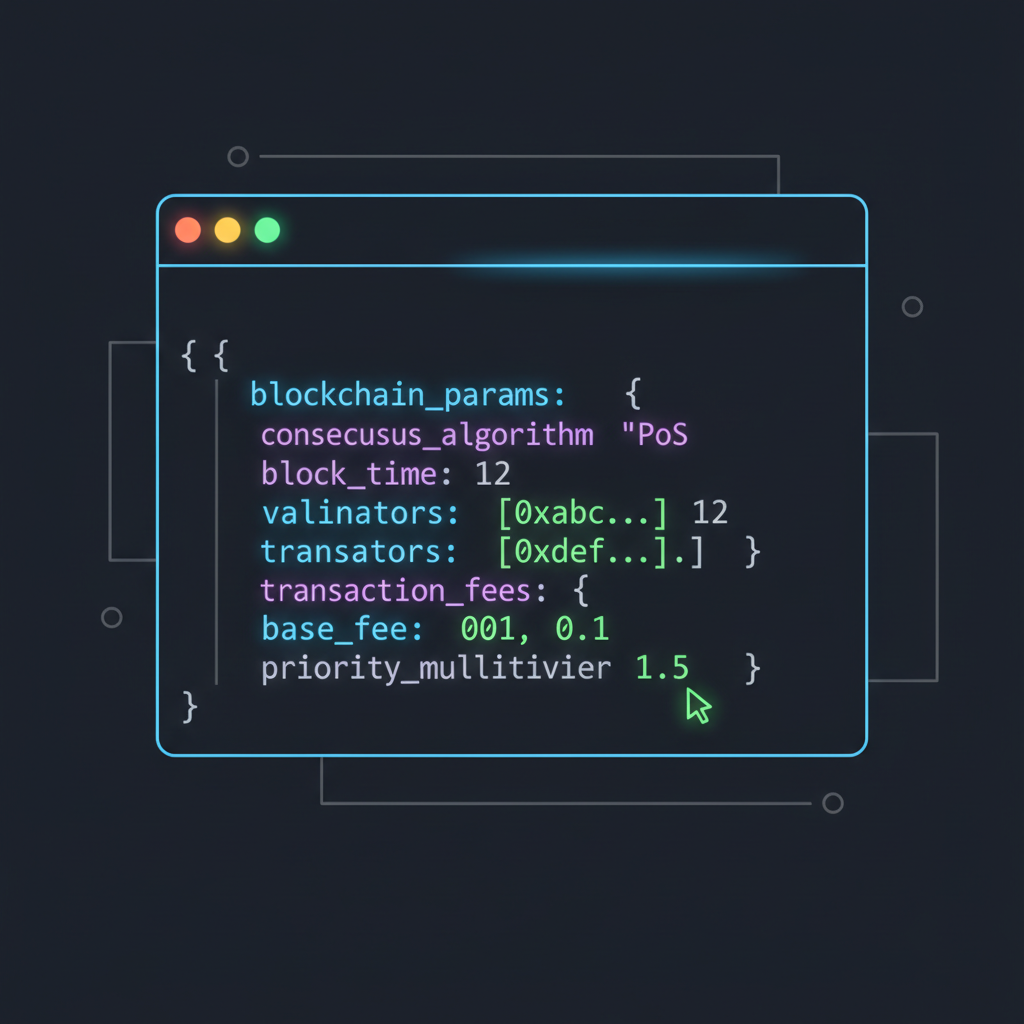 editing config files json code editor blockchain parameters neon glow