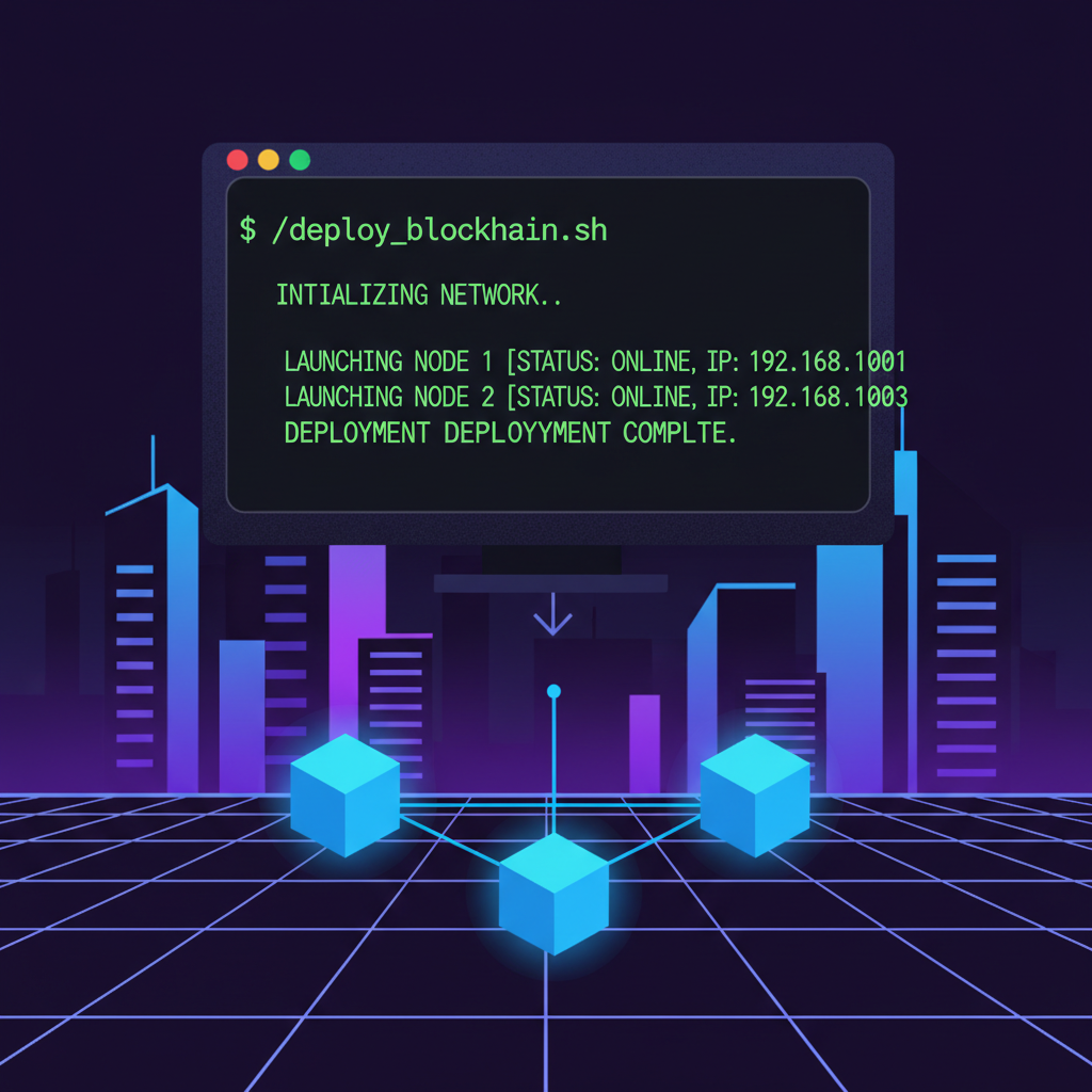 terminal running deployment script blockchain nodes launching cyberpunk style