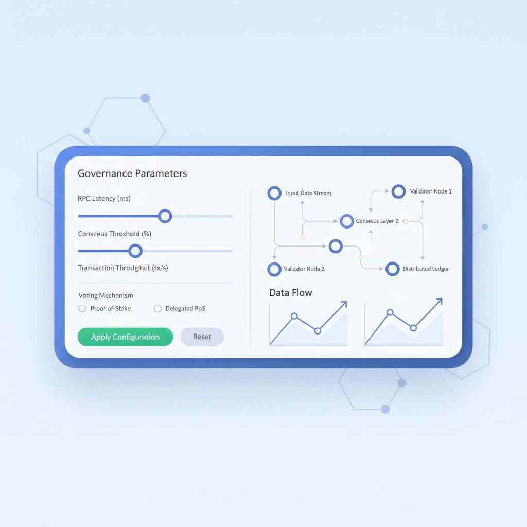 /imagine prompt: configuring blockchain parameters form, sliders for RPC latency governance, data flow charts, sleek UI --ar 16:9
