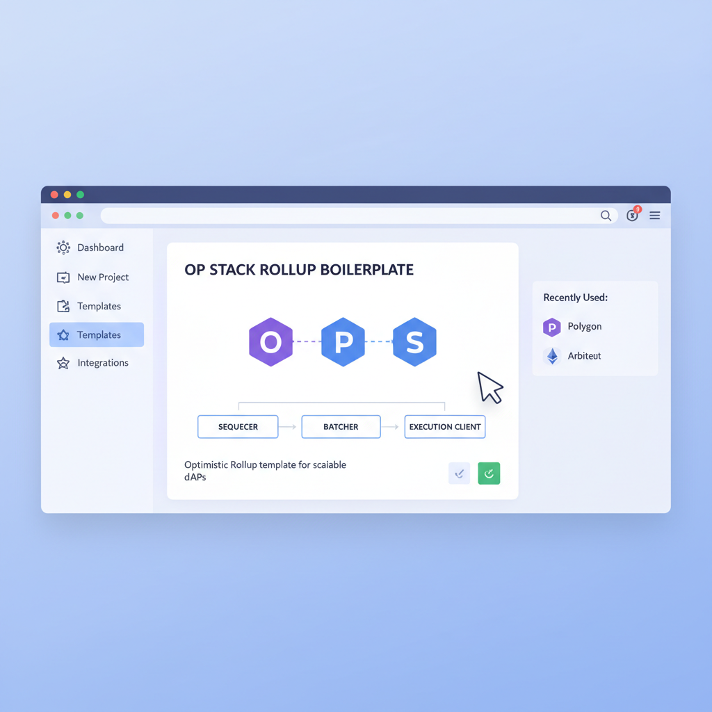 /imagine prompt: selecting blockchain boilerplate template in web dashboard, OP Stack icons, rollup diagrams, professional tech interface --ar 16:9