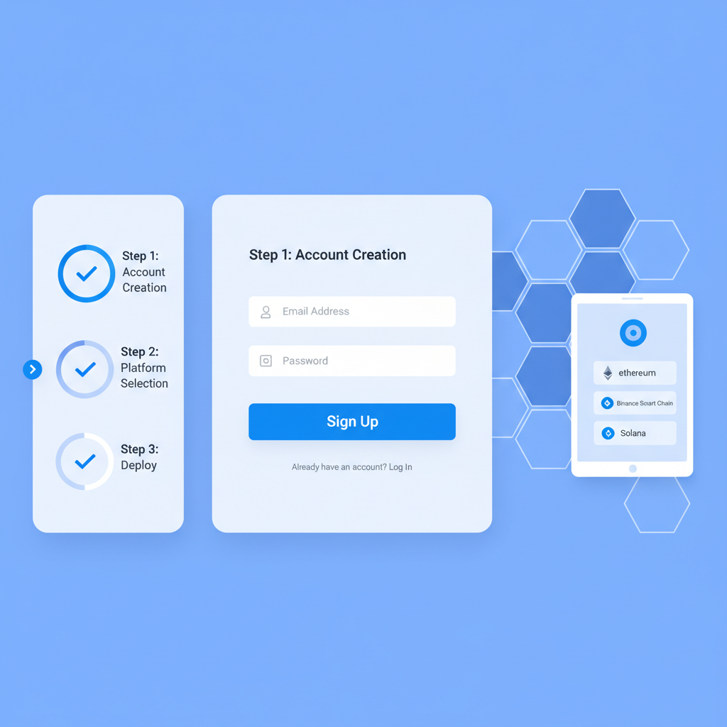 /imagine prompt: clean modern dashboard signup interface for blockchain deployment platform, futuristic UI, blue tones --ar 16:9