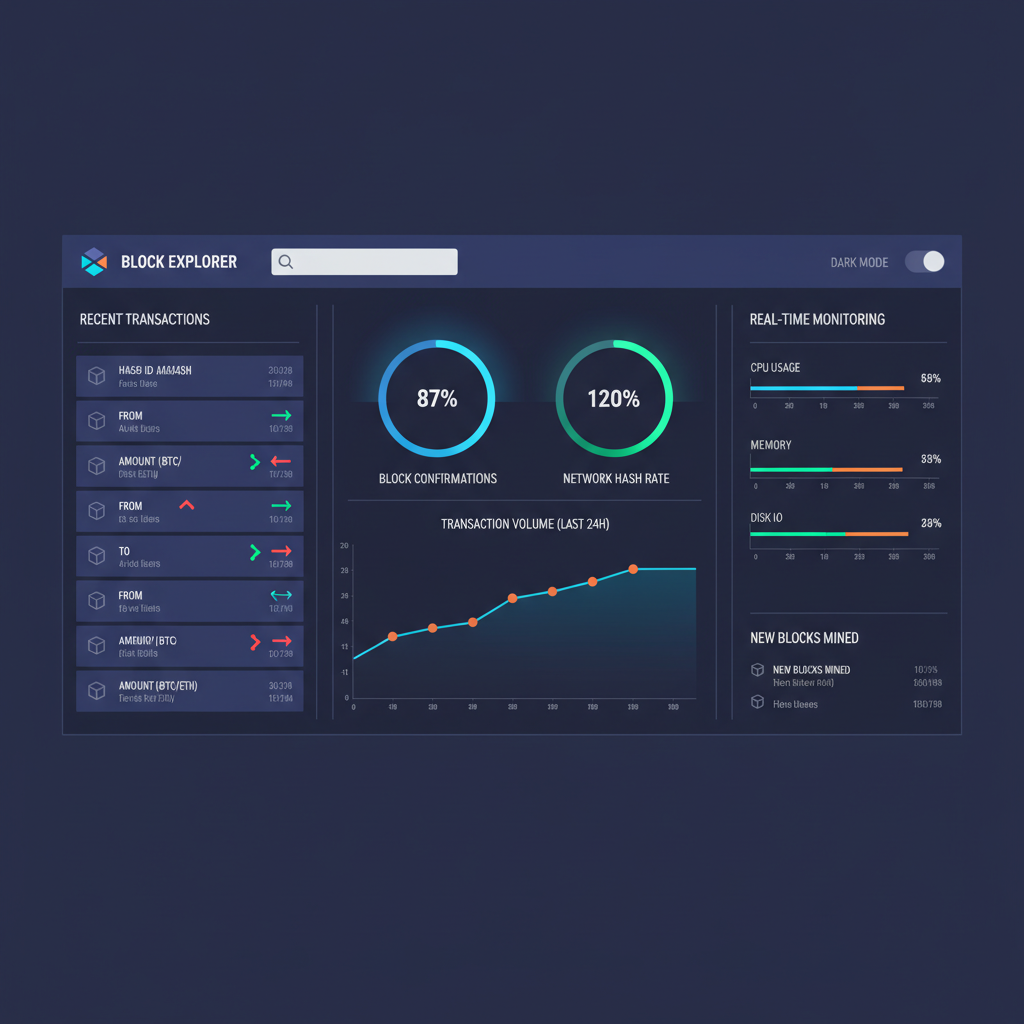 /imagine prompt: blockchain explorer dashboard showing transactions, metrics graphs, real-time monitoring, dark mode UI --ar 16:9