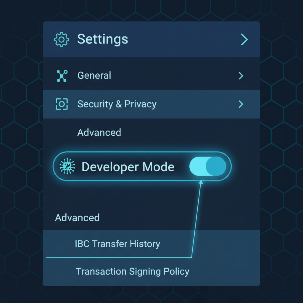 Keplr wallet settings screen with Developer Mode toggle highlighted, clean UI, futuristic crypto theme