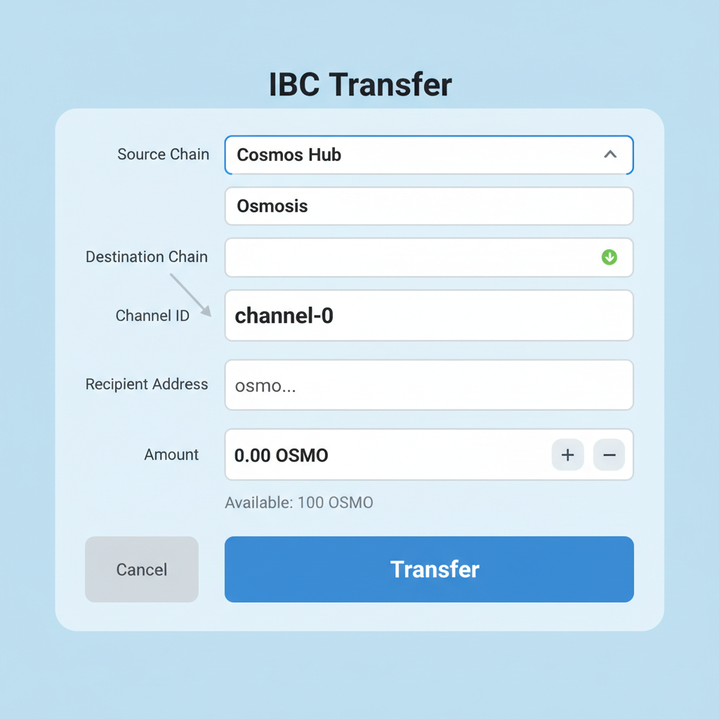 Keplr IBC form with channel-0 entered, recipient address field, amount input, precise UI elements