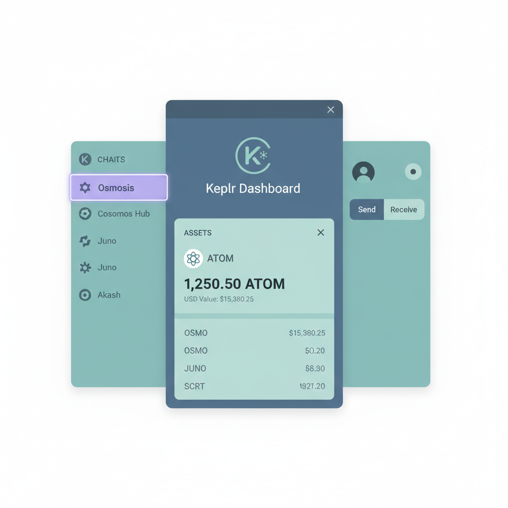Keplr dashboard on Osmosis chain, ATOM asset selected with balance, modern wallet UI