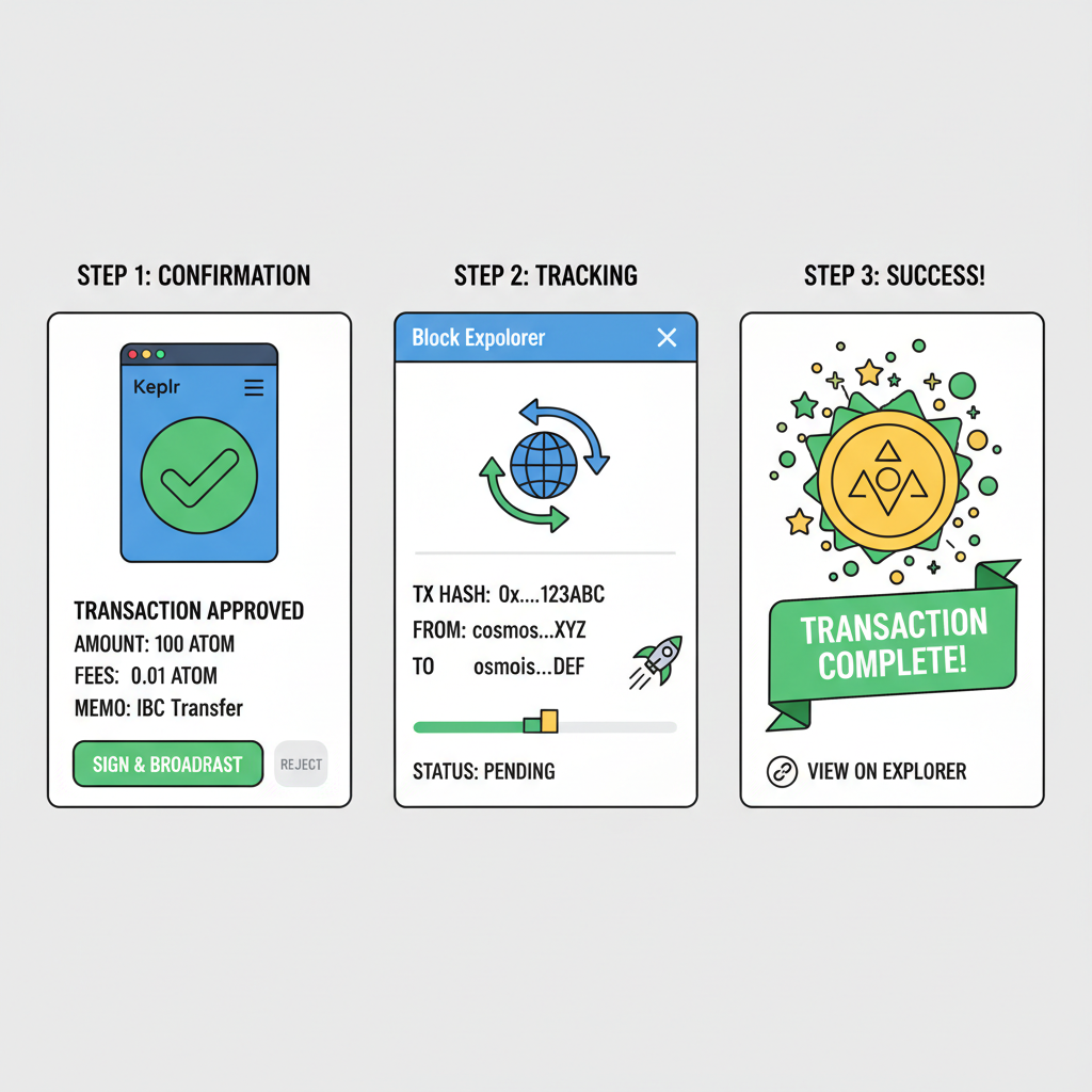 Keplr transaction confirmation screen signed, blockchain explorer tracking IBC tx, success animation