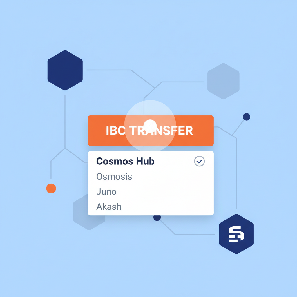 Keplr IBC Transfer button clicked, dropdown with Cosmos Hub selected, direct bold interface