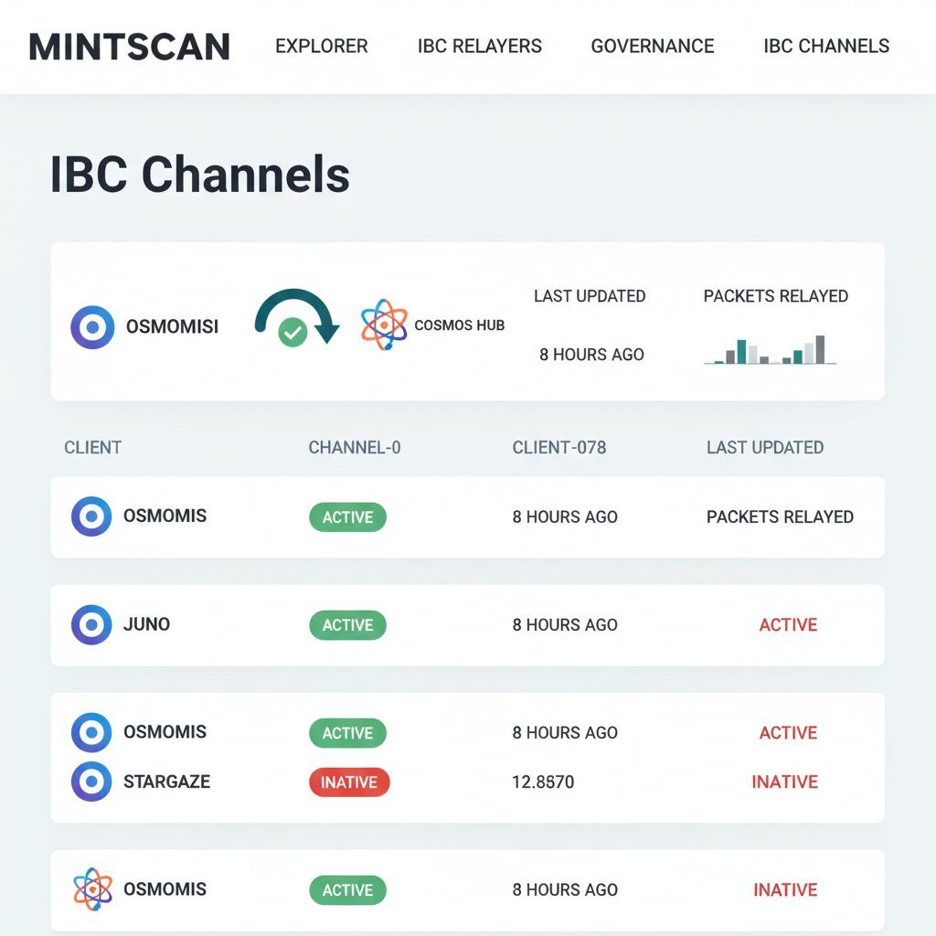 Mintscan IBC channels page showing Osmosis to Cosmos Hub channel-0 active status, blockchain explorer interface