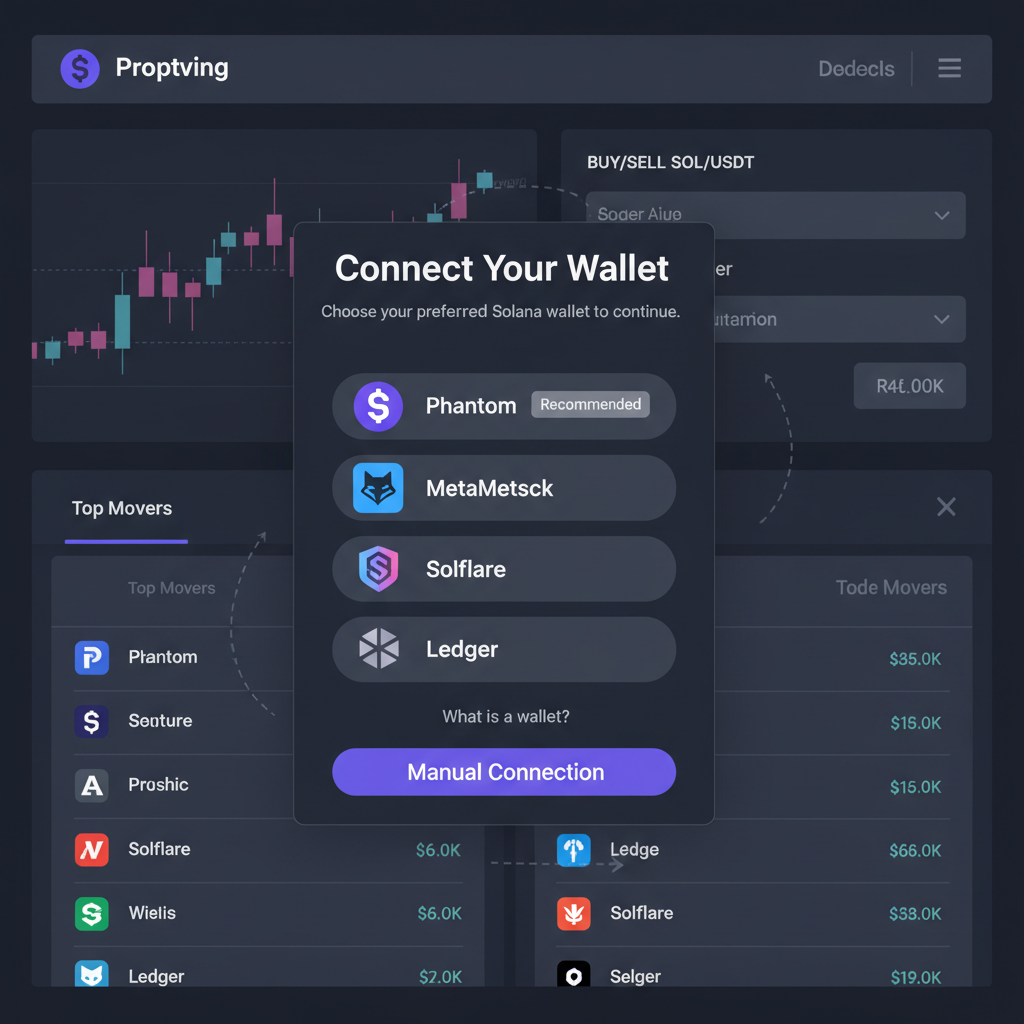 midjourney prompt: user interface showing Solana wallet connection modal on crypto trading platform, professional dark theme