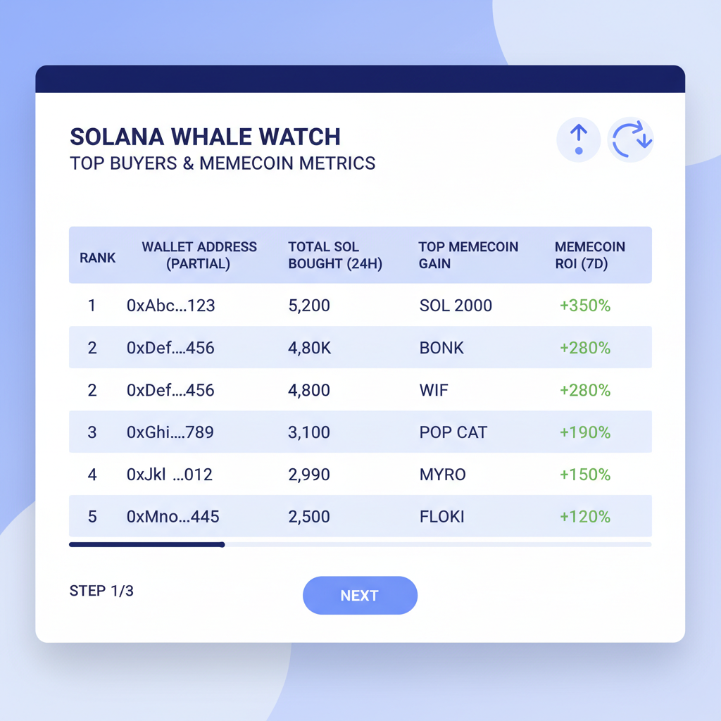 table of top Solana wallets sorted by heavy buys, memecoin performance metrics, professional UI