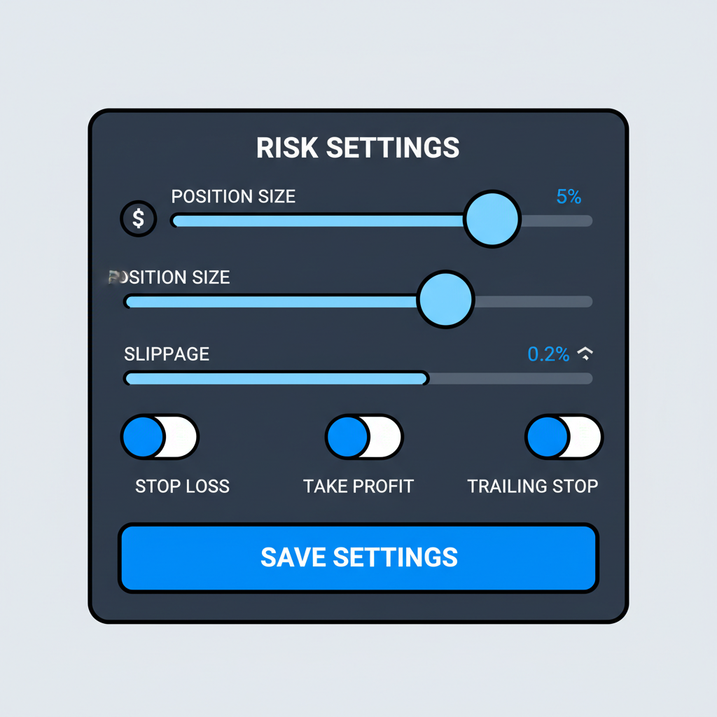risk settings panel in trading bot UI with sliders for position size 5%, slippage, professional crypto app design