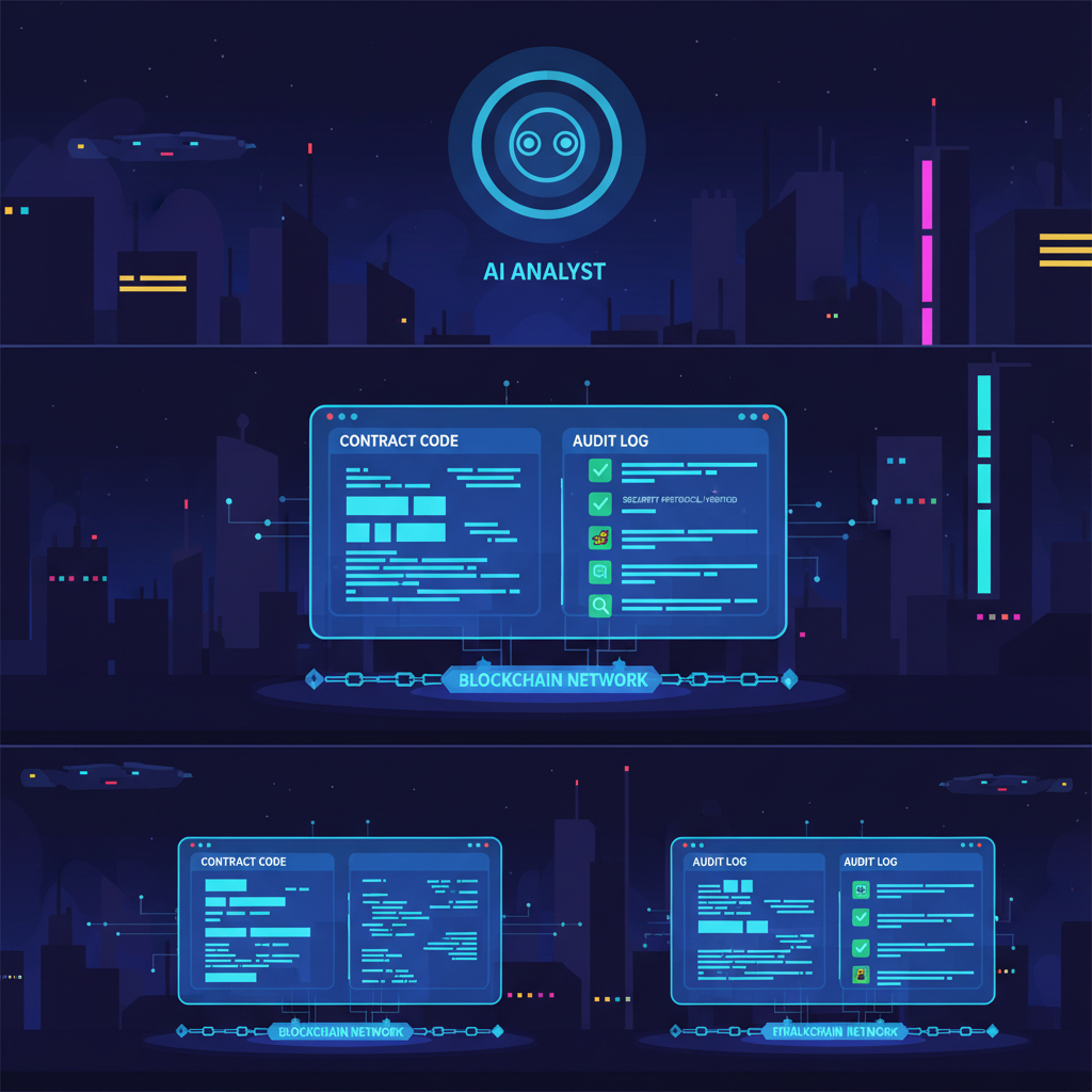 futuristic smart contract audit on blockchain, glowing code review interface, cyberpunk style