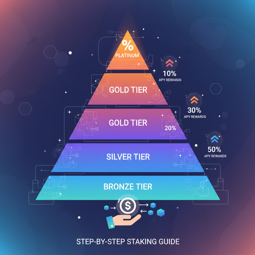 tiered loyalty pyramid with glowing APY rewards, blockchain staking theme, vibrant gradients