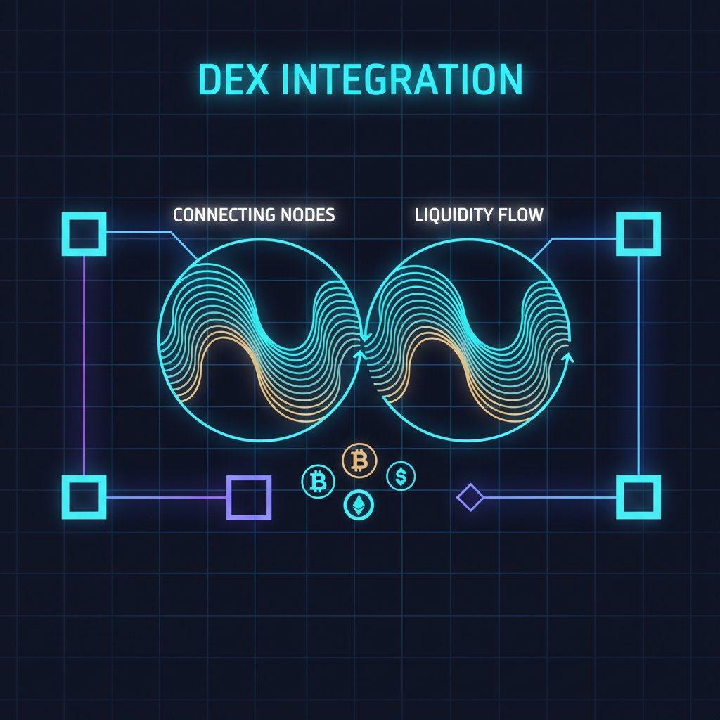 blockchain DEX integration nodes connecting, liquidity pools flowing, neon digital art