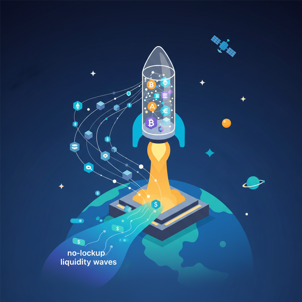 rocket launching staking pool into space, no-lockup liquidity waves, dynamic crypto graphic