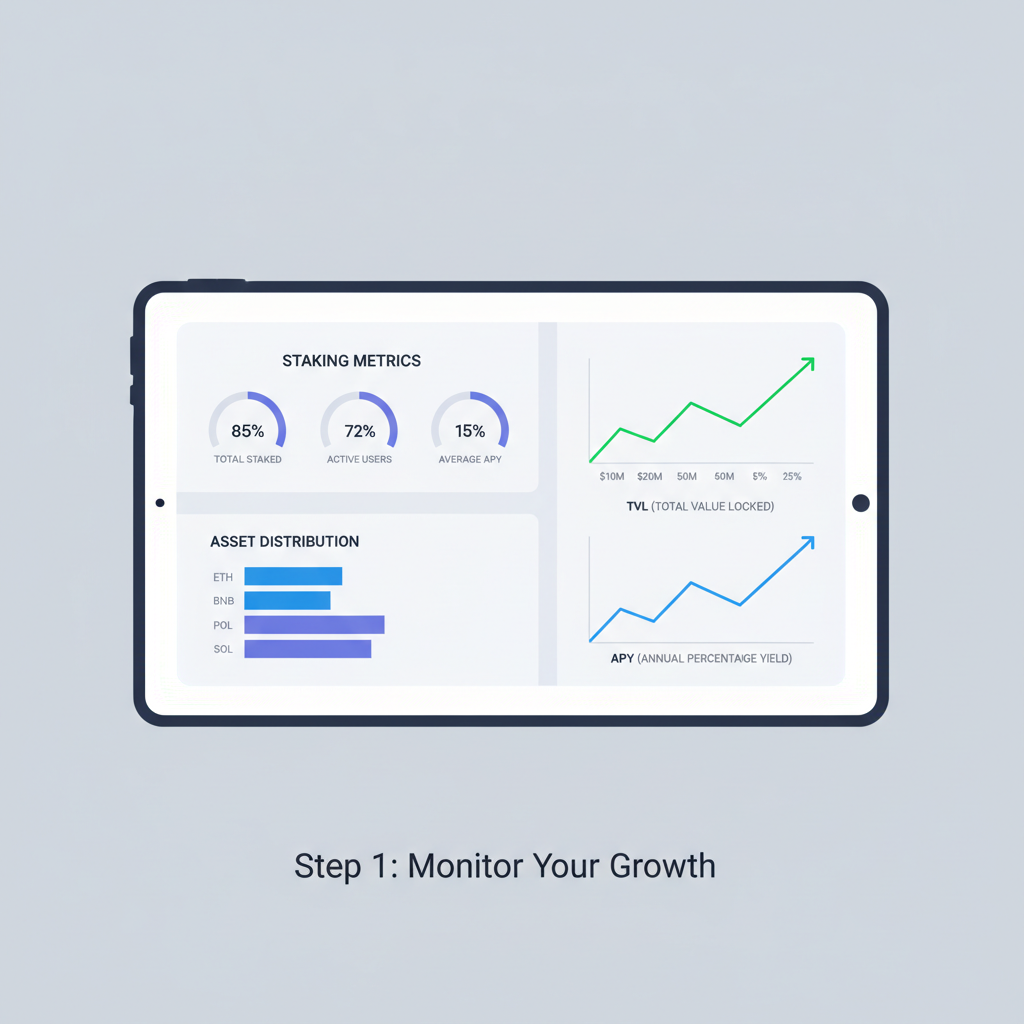dashboard with staking metrics charts, TVL APY graphs rising, modern analytics UI