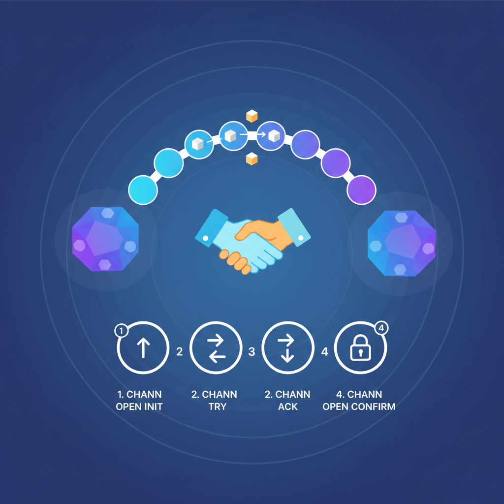IBC channel handshake between two cosmos nodes, glowing bridge visualization