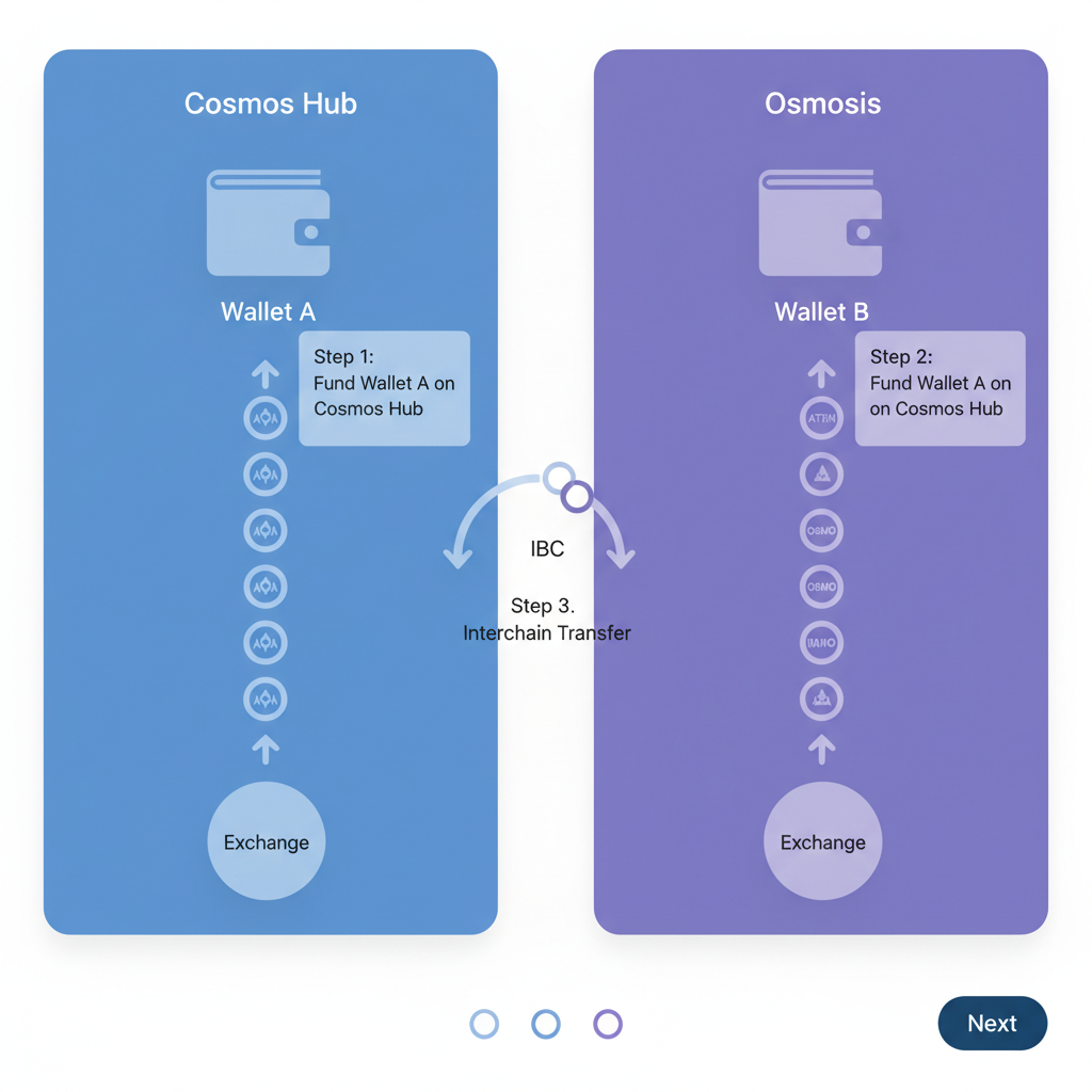 wallets being funded on dual cosmos chains, token flow icons, clean UI mockup