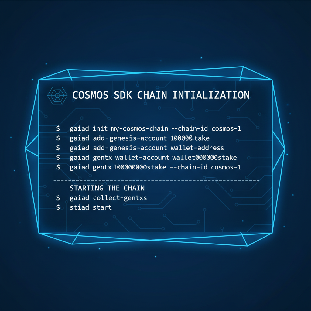 terminal screen showing cosmos sdk chain init and start commands, futuristic blue glow, tech diagram