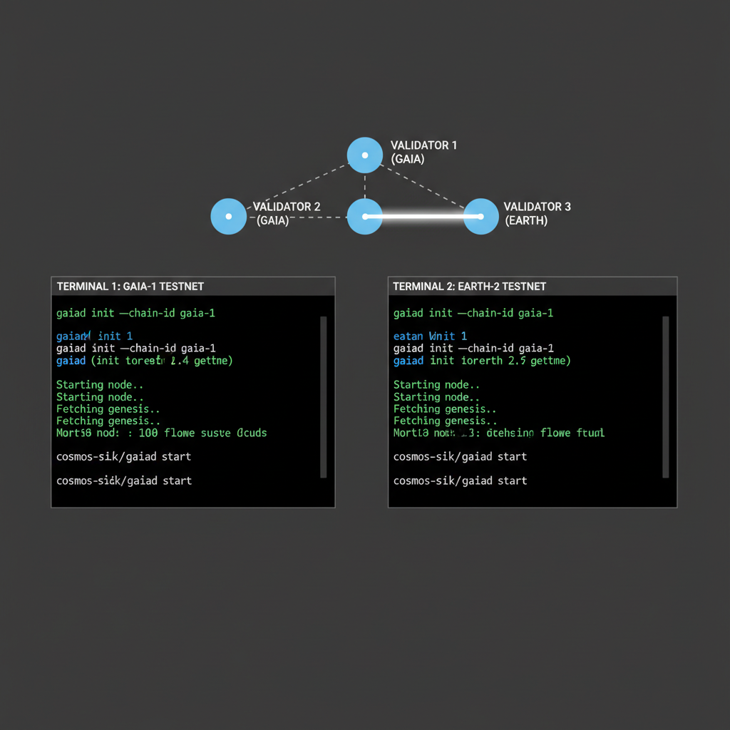 two parallel terminal windows launching cosmos sdk testnets, interconnected nodes graphic