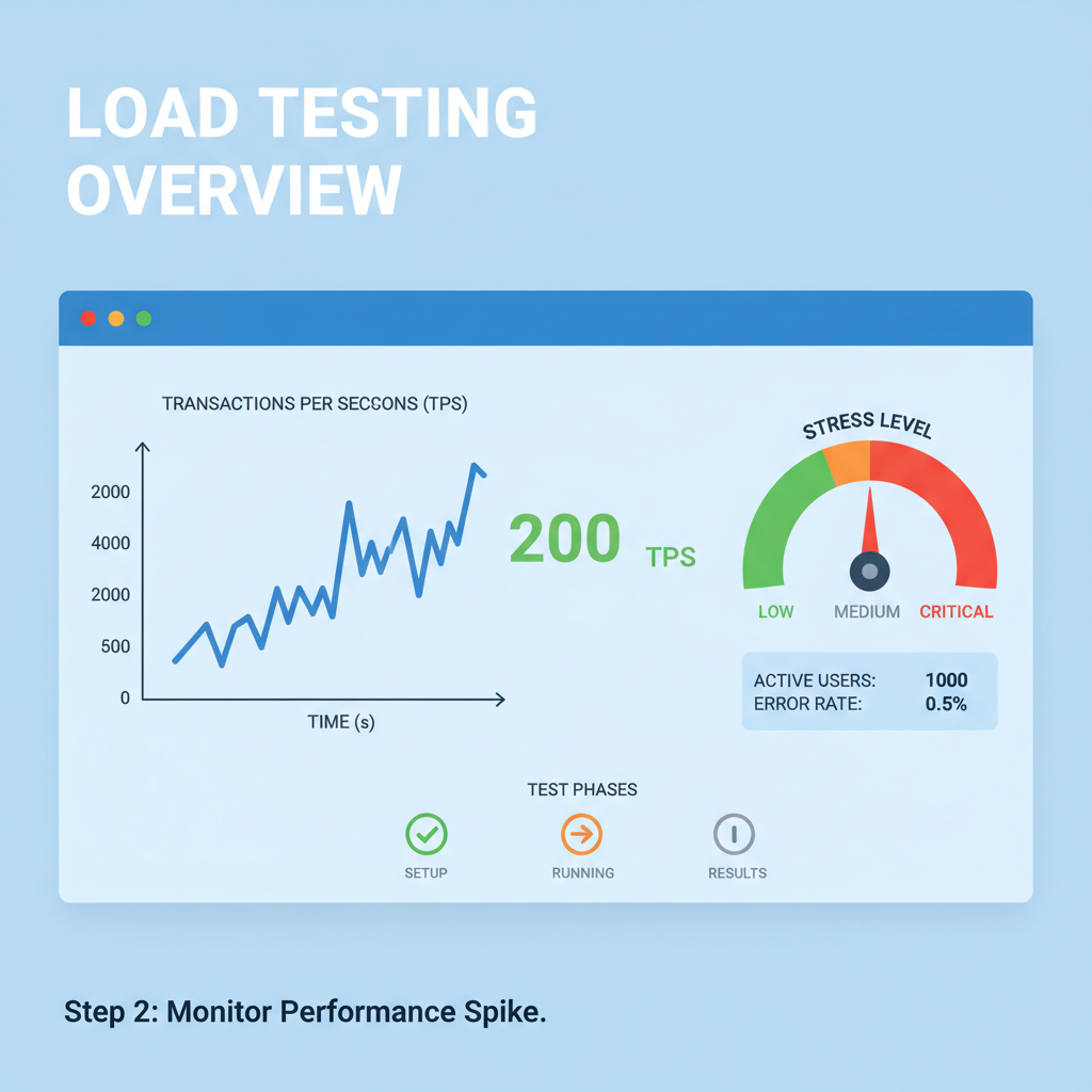 load testing dashboard with spiking TPS graph to 2000, stress meter maxed
