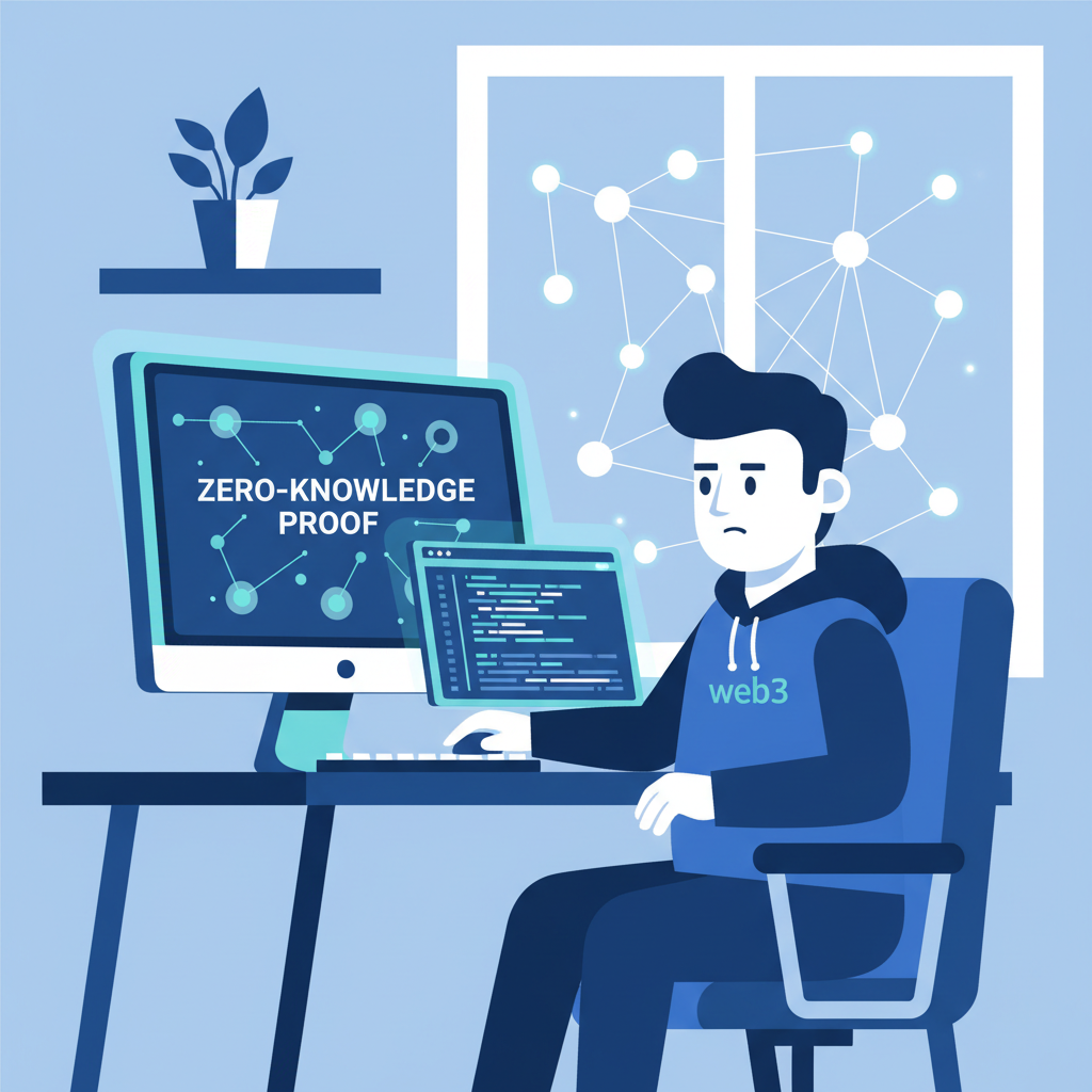 developer at desk generating zero-knowledge proof on computer screen, web3 style, blue tones