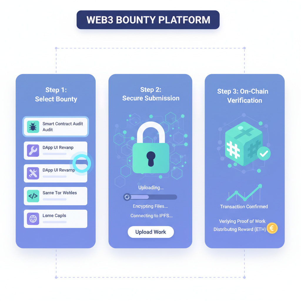 web3 bounty platform interface showing secure submission upload, blockchain elements